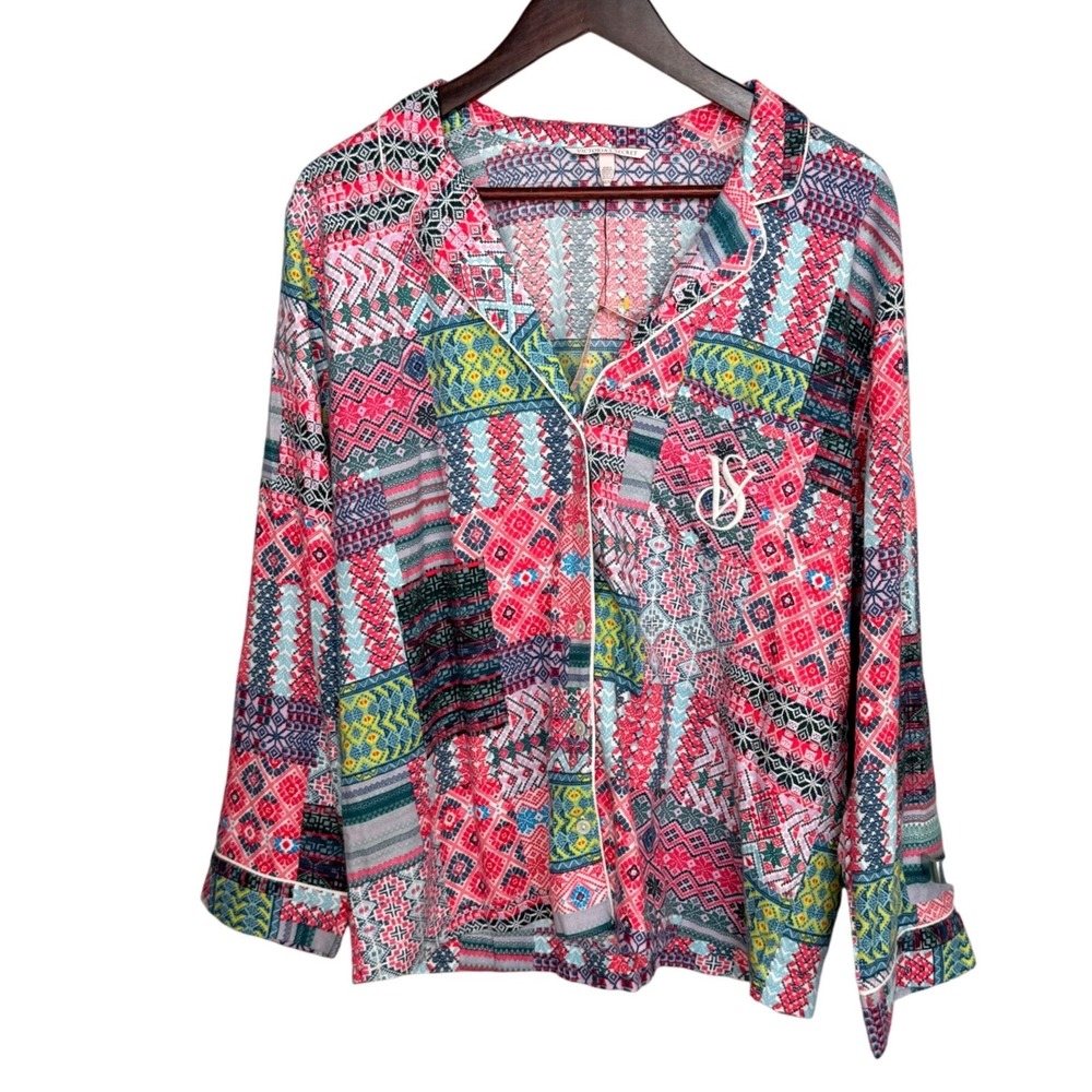 Victoria's Secret Pink‎ Patchwork Pajama Top Flannel Button Up Long Sleeve M NWT